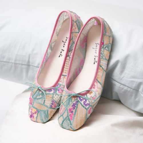 SugerFuFu原创设计 手工制作新中式不规则亮片撞色舒适平底芭蕾鞋