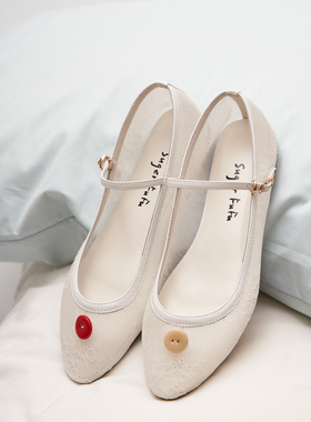 SugerFuFu原创设计 手工制作 彩色不对称纽扣蕾丝圆头平底玛丽珍