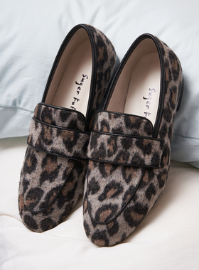 SugerFuFu原创设计手工制作 秋冬豹纹羊绒粗跟圆头百搭乐福单鞋