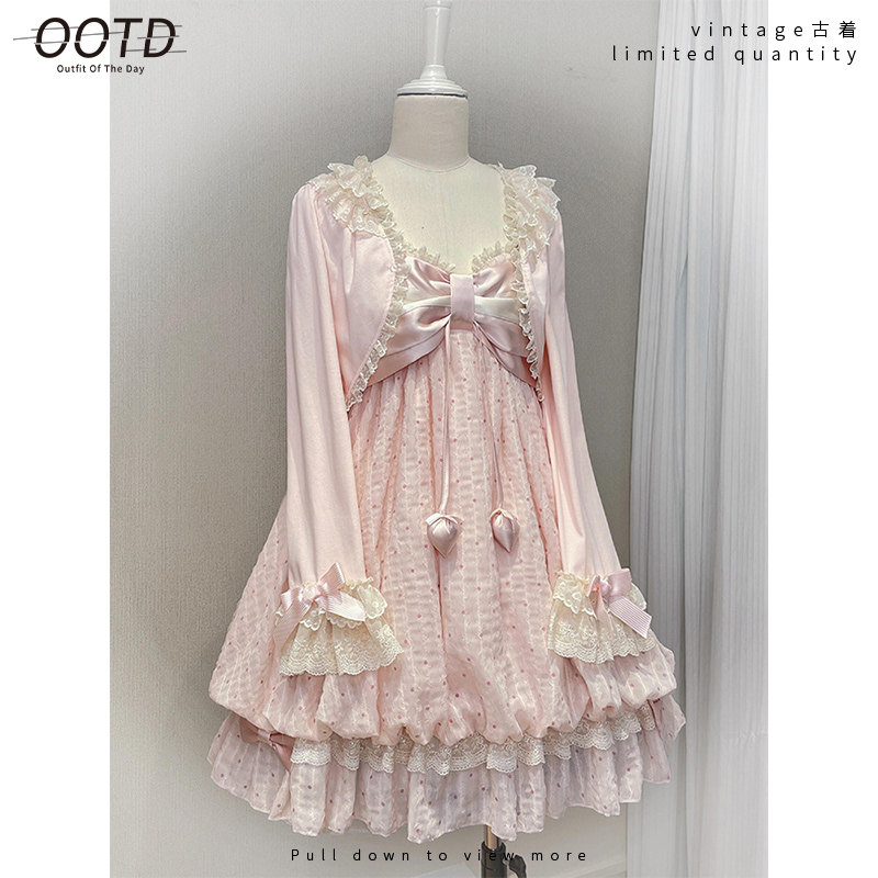 thumbnail for [Natsukawa Pink Sakura] Ancient Nana style retro Japanese lace bow spliced cardigan + dress two-piece set