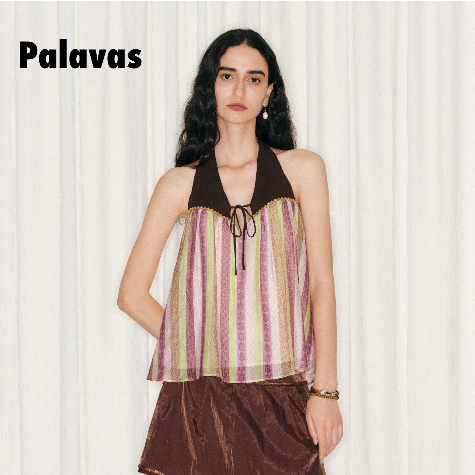 Palavas26春夏款莫卧儿花园挂脖上衣撞色拼接无袖女宽松系带背心