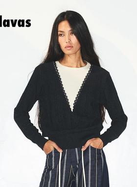 Palavas新品镜中人蕾丝上衣圆领羊毛针织衫黑白拼接针织上衣原创