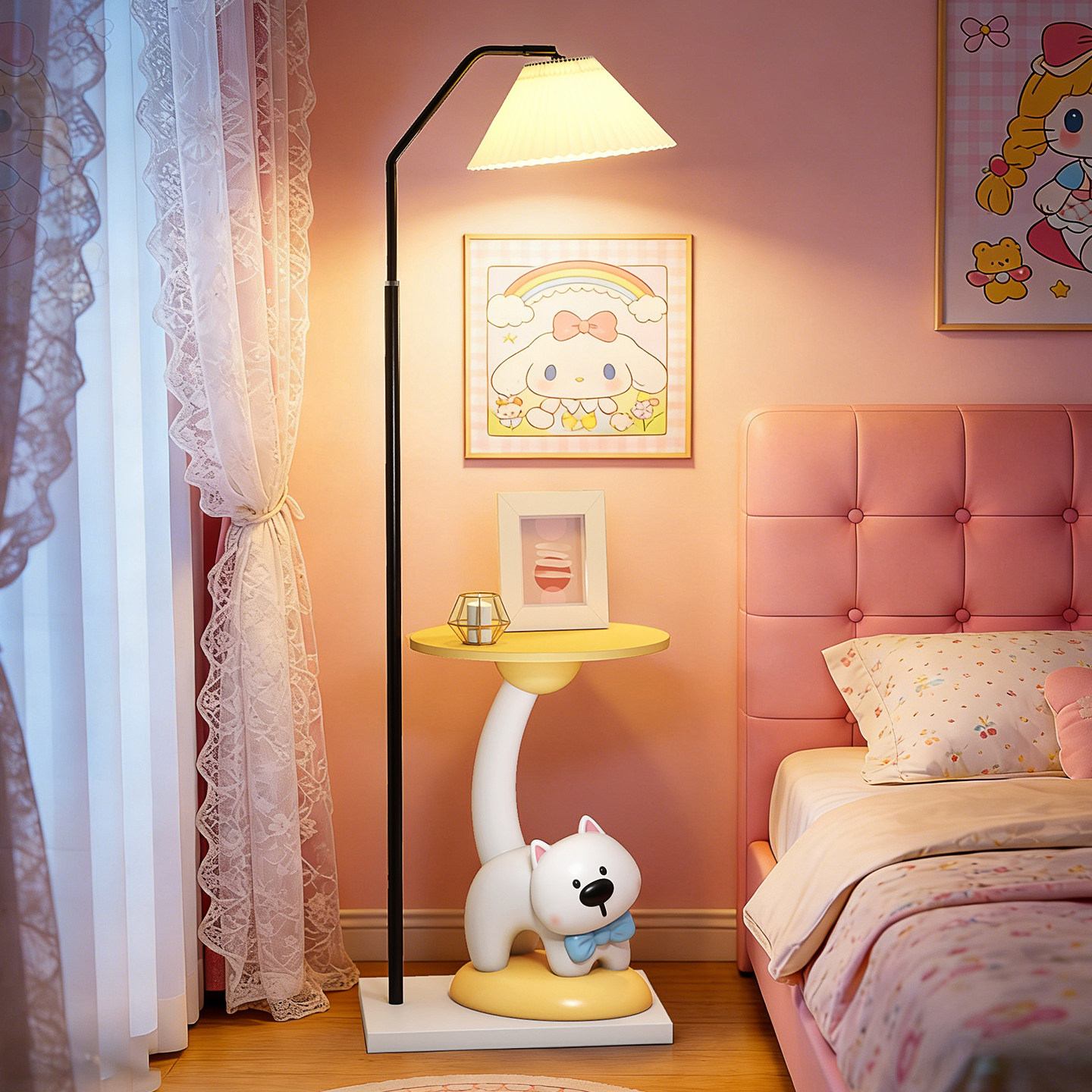创意可爱小狗落地灯卧室床头柜一体客厅沙发旁边桌装饰立式台灯具