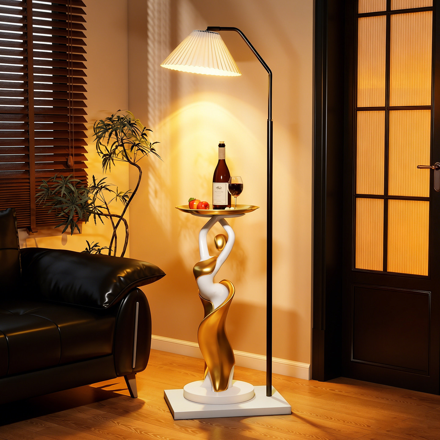 黑金高级感客厅落地灯一体沙发边几中古风极简现代轻奢装饰置物架