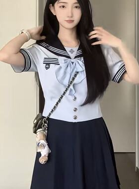 抚蝶女子夏季收腰水手jk制服女套装高腰显瘦a字裙纯色物语