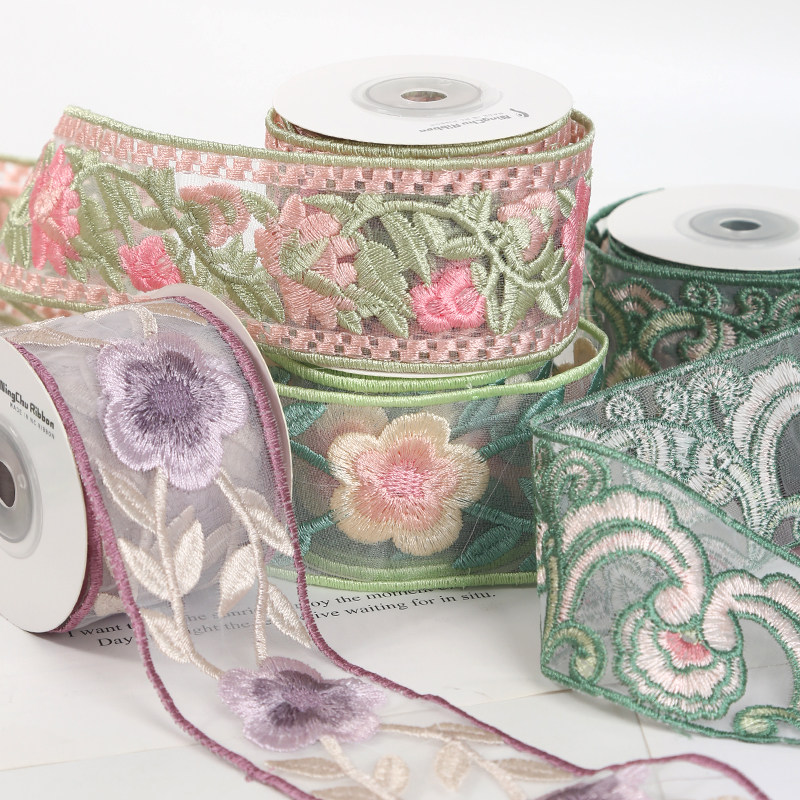 5cm复古花朵国风刺绣蕾丝发饰缎带diy手工蝴蝶结花边丝带装饰包装