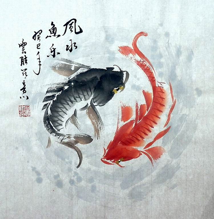 gg纯手绘字画装饰画热销t田云胜三尺四尺斗方国画鲤鱼锦鲤阴阳鱼