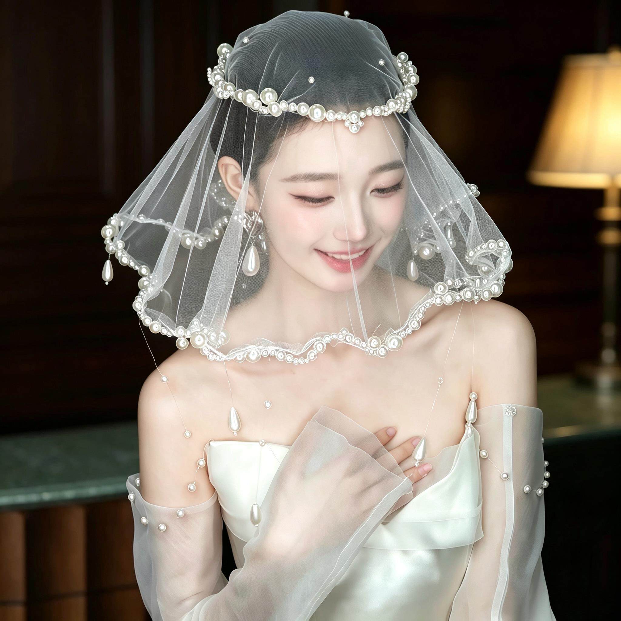 人鱼泪珍珠头纱氛围感珍珠流苏新娘头饰小众法式婚纱结婚跟妆配饰