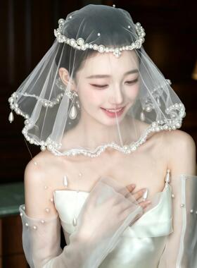 人鱼泪珍珠头纱氛围感珍珠流苏新娘头饰小众法式婚纱结婚跟妆配饰