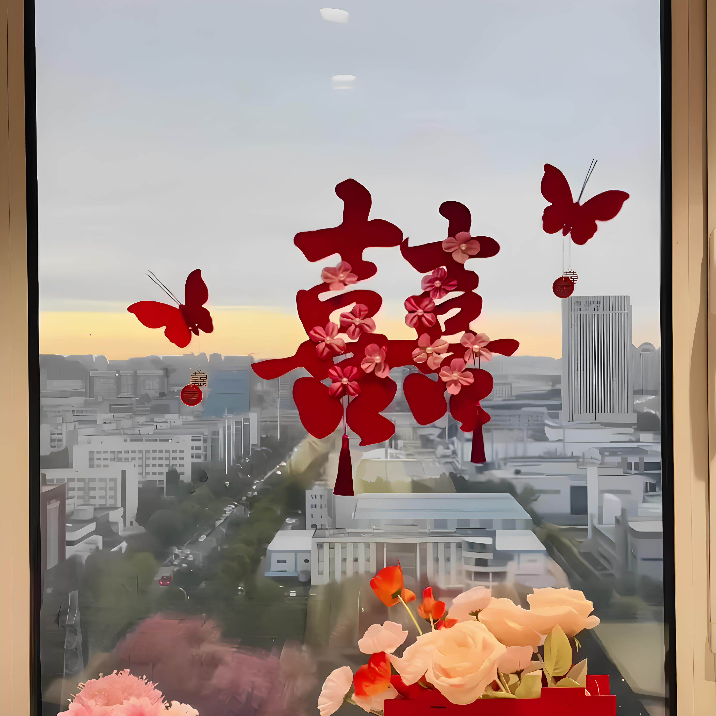 门窗镜子贴花朵喜字贴纸喜庆氛围