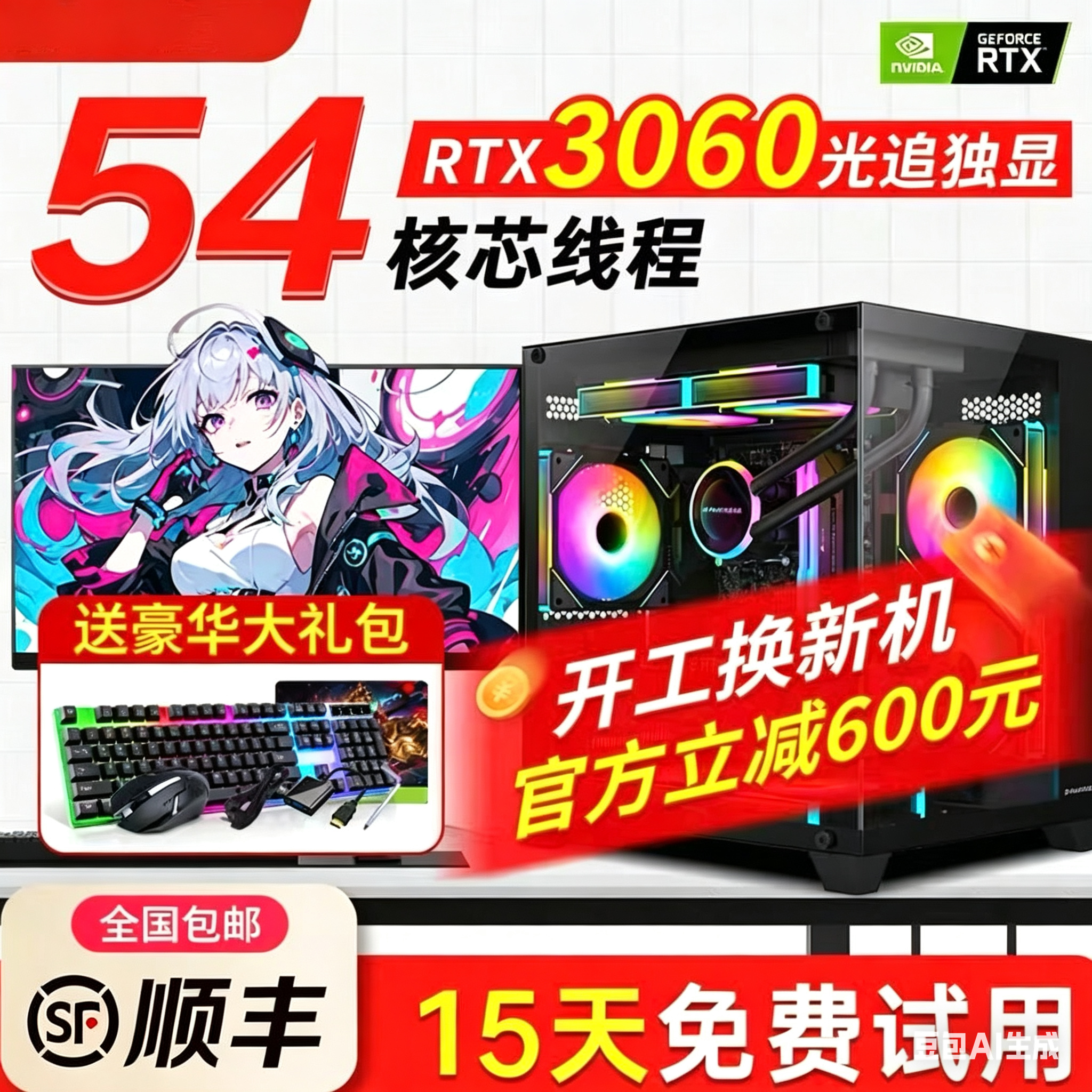 【15天试用】RTX3060/i7i9级台式电脑主机电竞海景房办公高端游戏