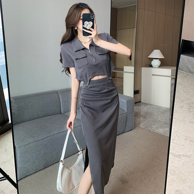 港味复古休闲套装不规则polo领短款上衣女开叉包臀半身裙两件套夏