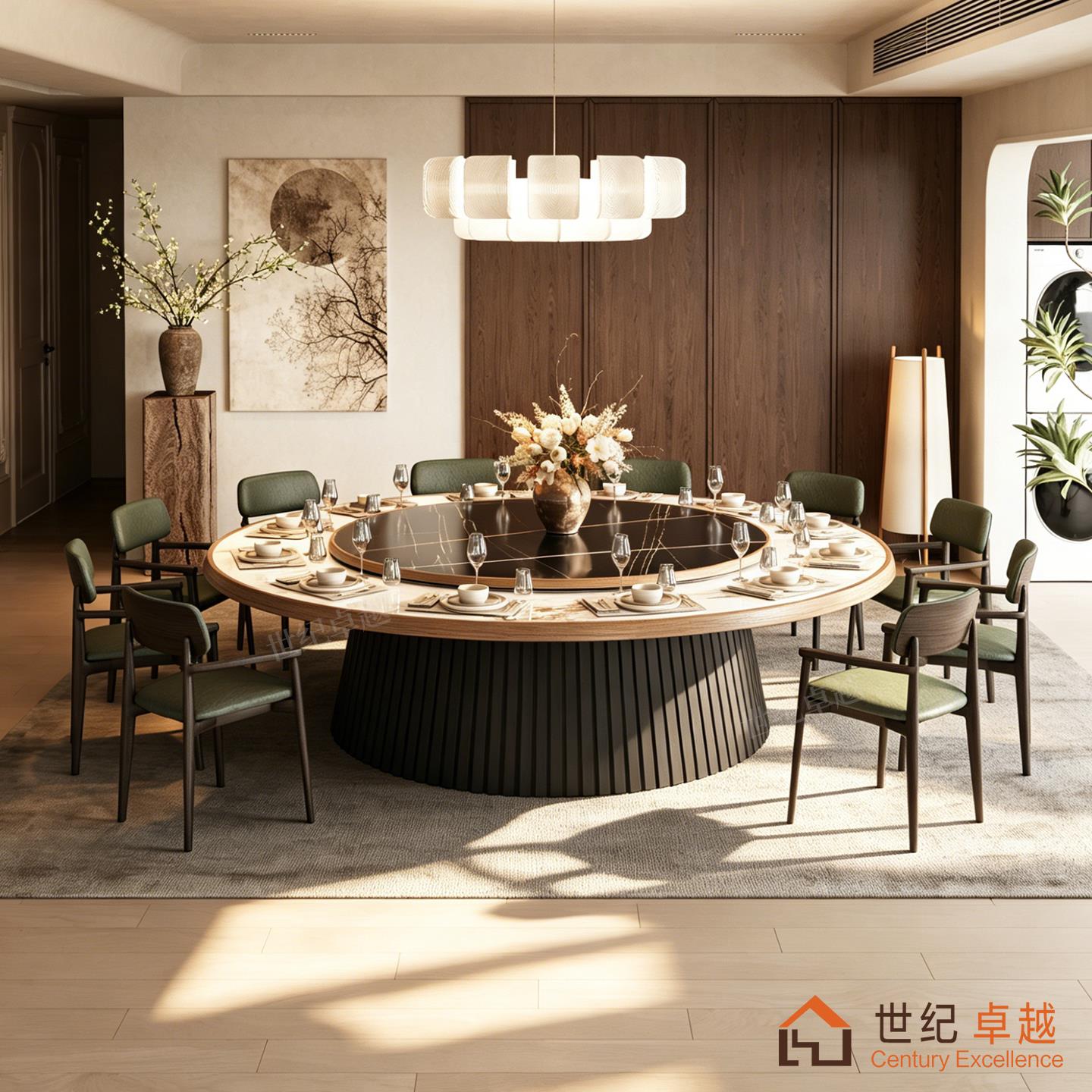 新中式酒店电动餐桌大圆桌带转盘岩板饭店商用家用桌椅2米圆餐桌