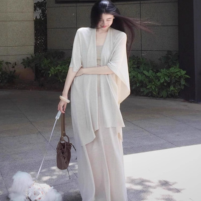 春秋宽松清冷感白色薄款防晒针织衫外套女披肩中长款高级外搭上衣