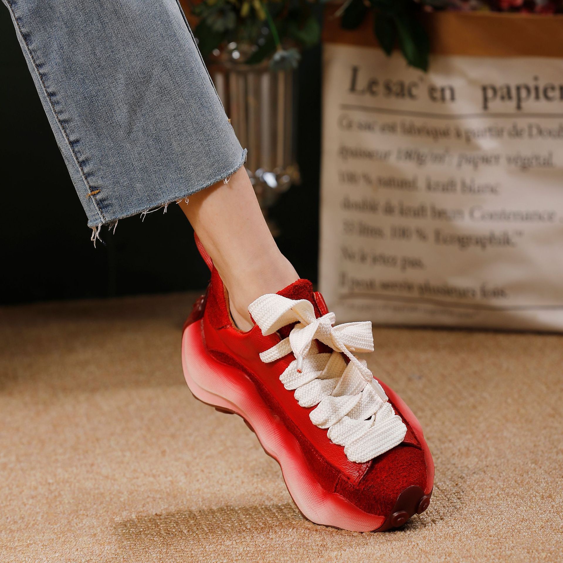 头层牛皮厚底运动风真皮休闲鞋女2025秋冬款设计感透气系带四季鞋