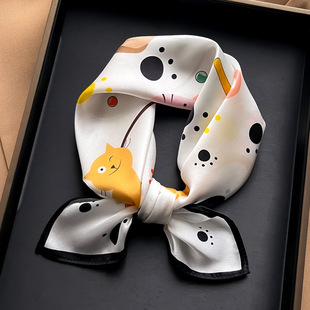 100%桑蚕丝真丝小方巾春秋冬季韩版丝巾女猫咪宝宝围巾百搭53cm潮