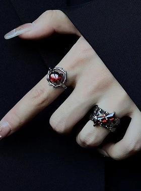 复古红几何设计戒指男女小众个性朋克暗黑镂空肌理金属指环