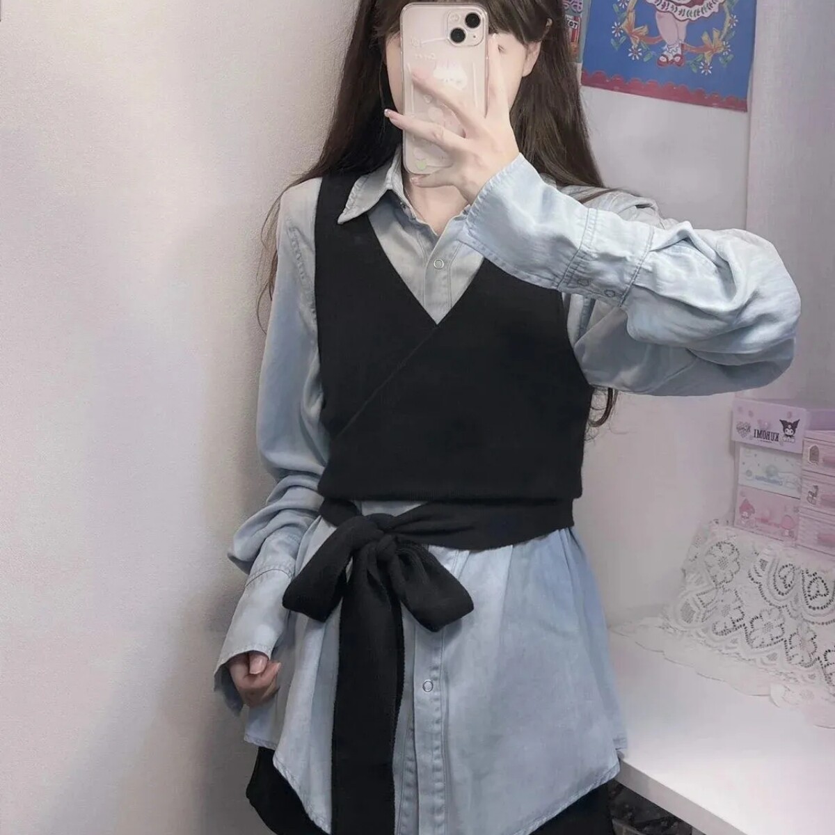 春秋法式叠穿v领系带针织背心上衣女休闲中长款牛仔衬衫两件套装