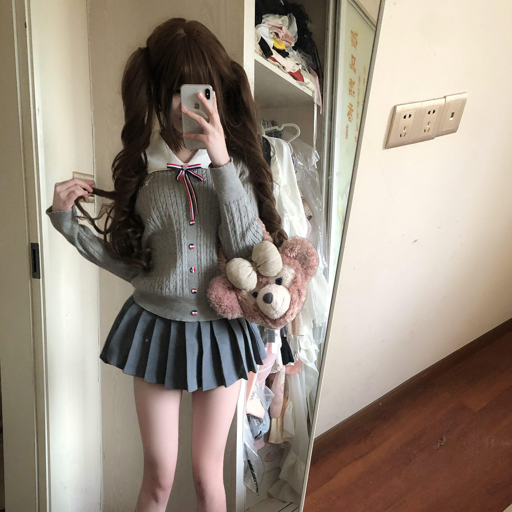miu系时髦辣妹小套装修身针织毛衣上衣半身裙jk制服两件套