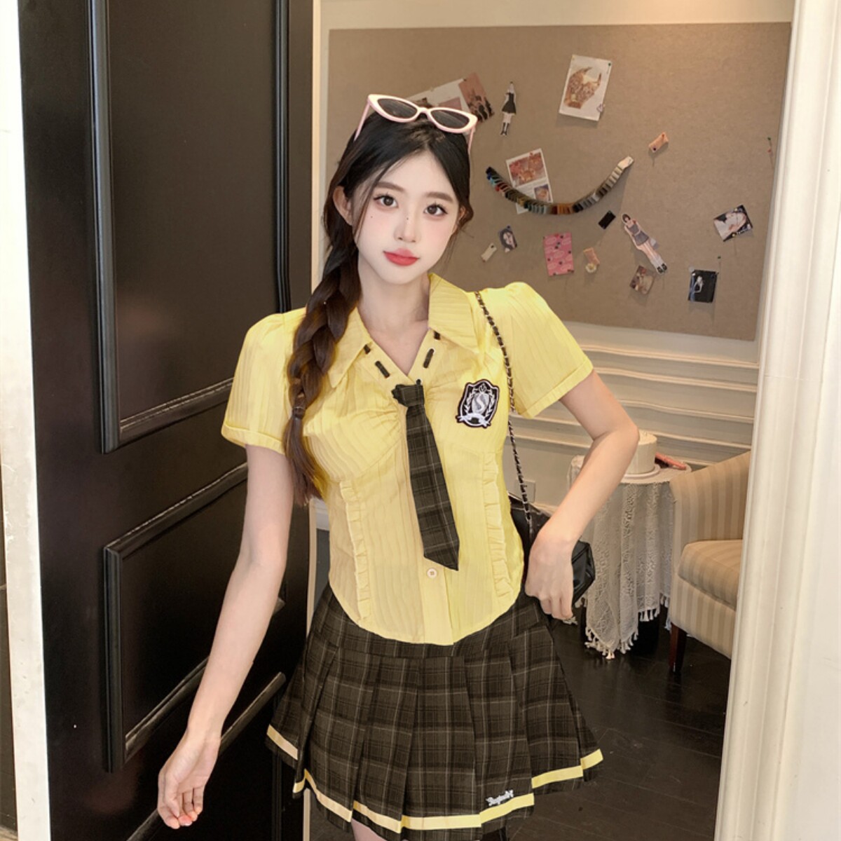 大码胖MM美式甜心学院风领带短袖衬衫上衣女夏季a字百褶短裙套装