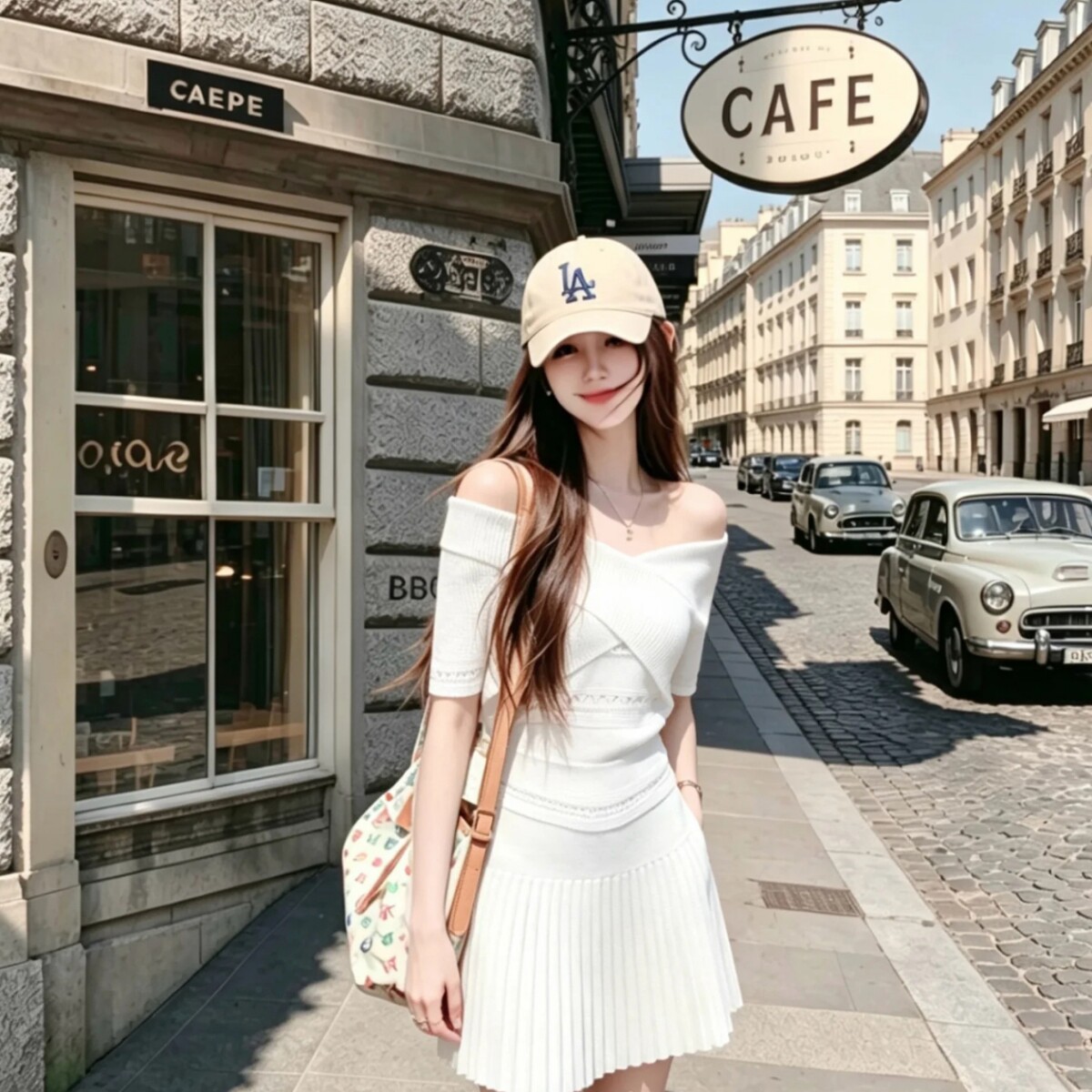 纯欲风套装一字肩收腰针织衫女装夏季高腰显瘦百褶裙半身裙两件套
