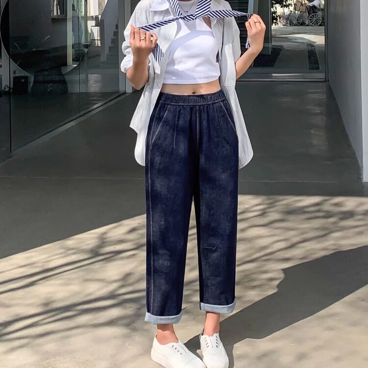 TT春款九分丹宁蓝高弹牛仔直筒裤女普洗蓝显瘦哈伦裤深蓝休闲953