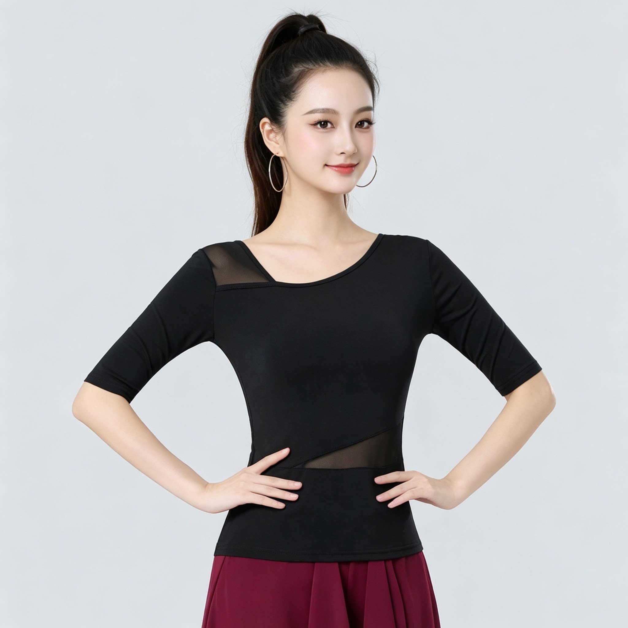 拉丁舞上衣女中袖网纱形体练功服摩登舞交谊舞广场舞跳舞舞蹈服
