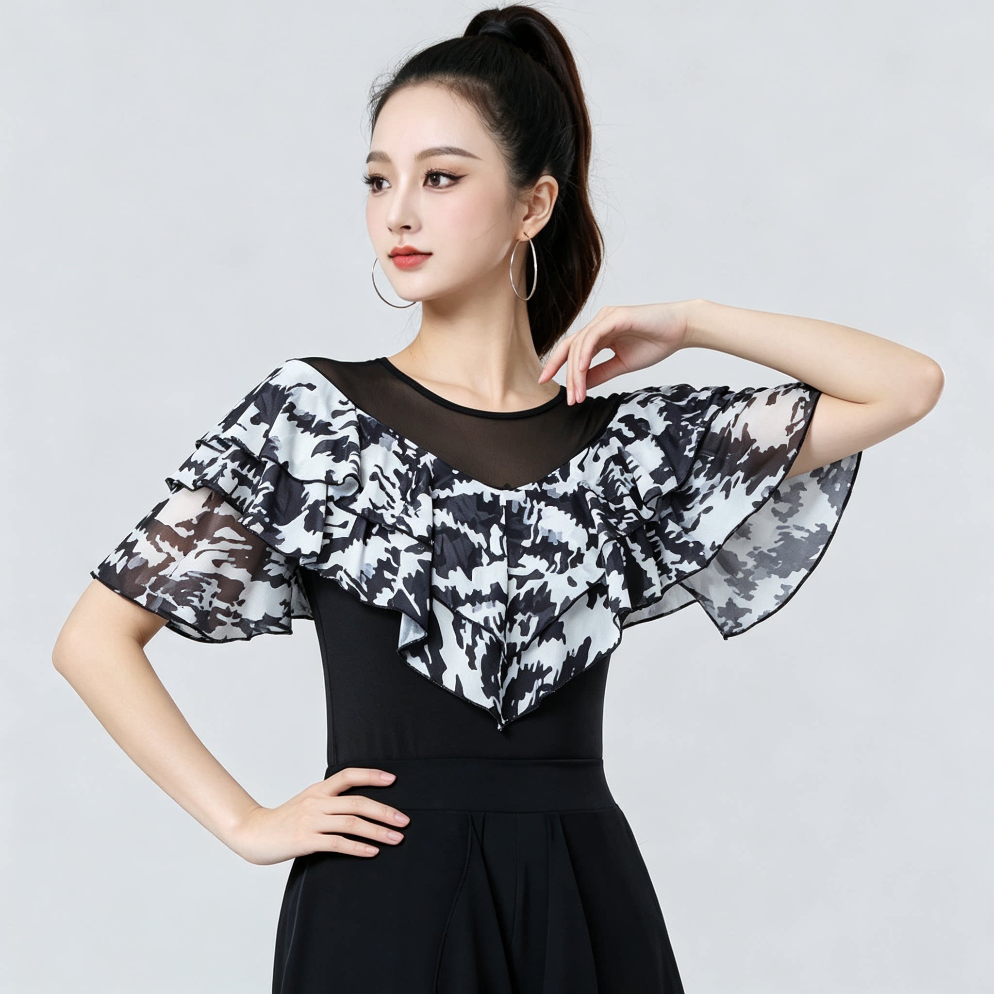 印花荷叶袖舞蹈上衣女摩登练功服