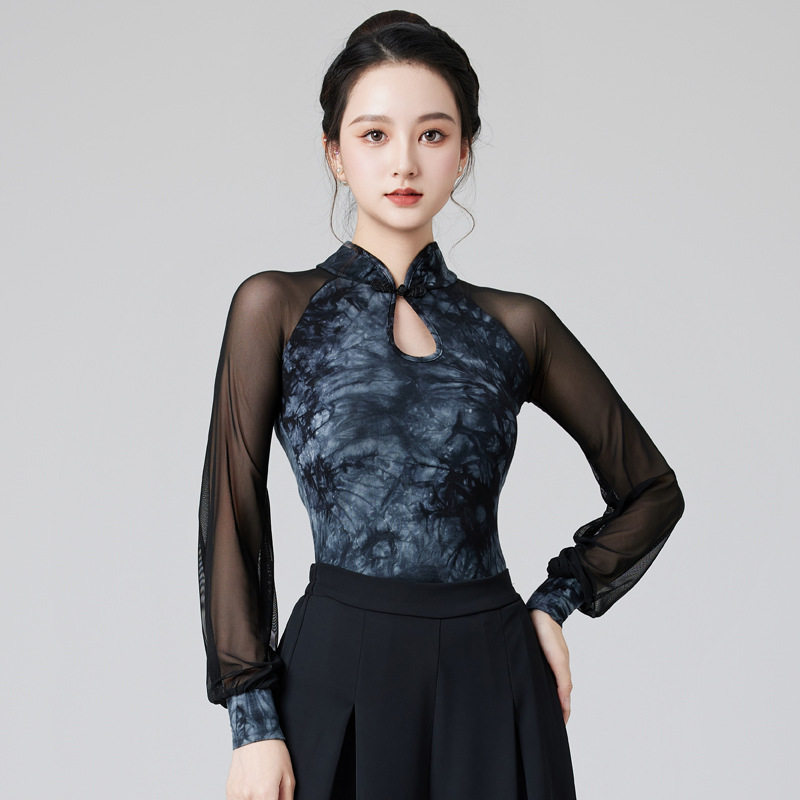 新款拉丁舞上衣女长袖网纱拼接摩登舞演出训练服高级交谊舞练功服