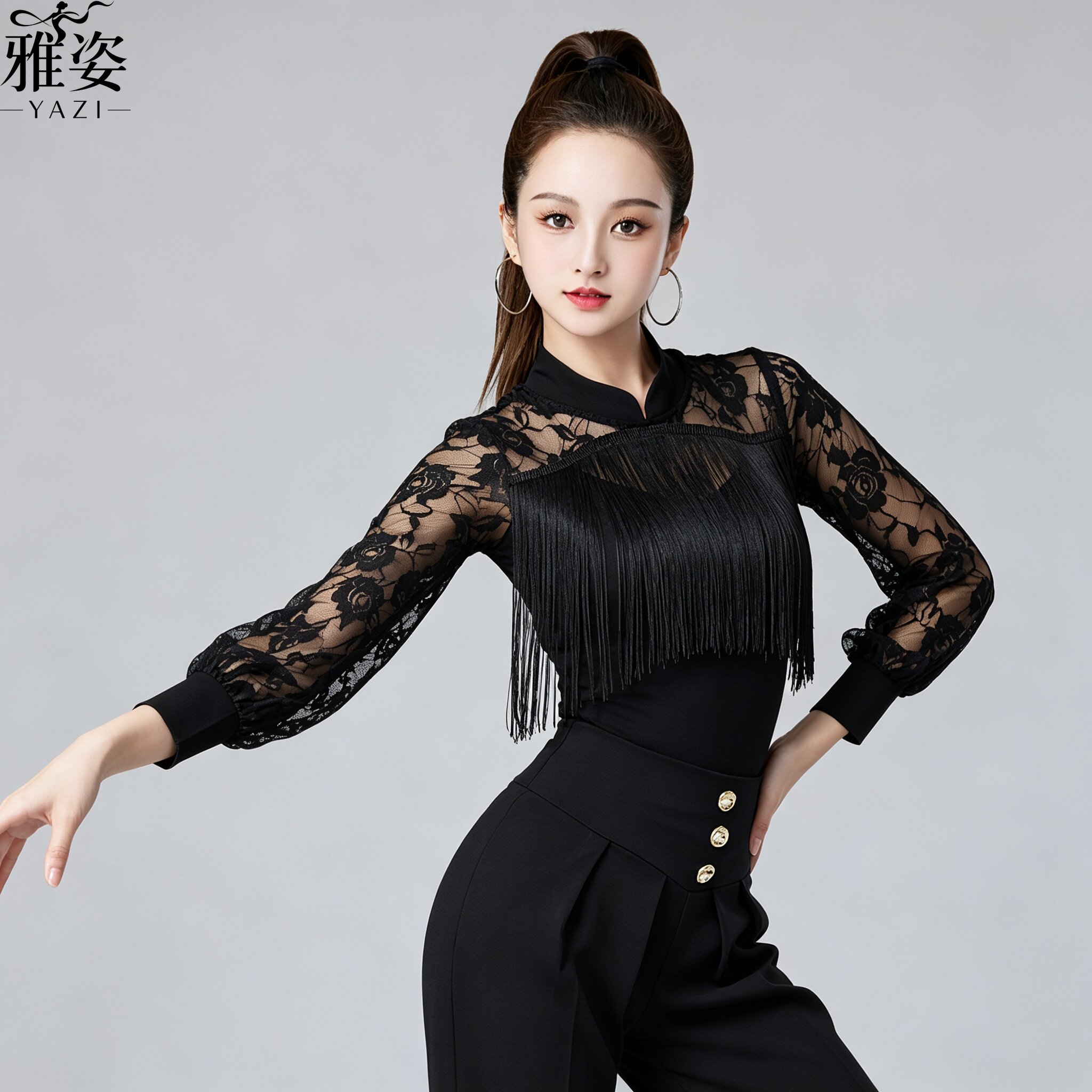 摩登舞舞蹈拉丁网纱立领修身上衣