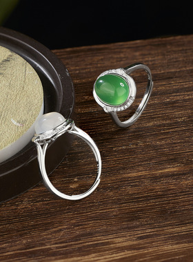 法国coss koko925银戒指女蛋形玉髓银戒托国潮绿色石头锆石新