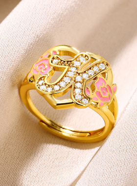 法国coss koko滴油色彩字母a-z开口铜镶锆石女可调节时尚戒指