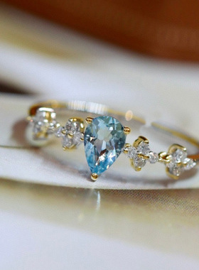 法国Coss KoKo欧美新款海蓝锆戒指女ins冷淡风时尚百搭手饰开口