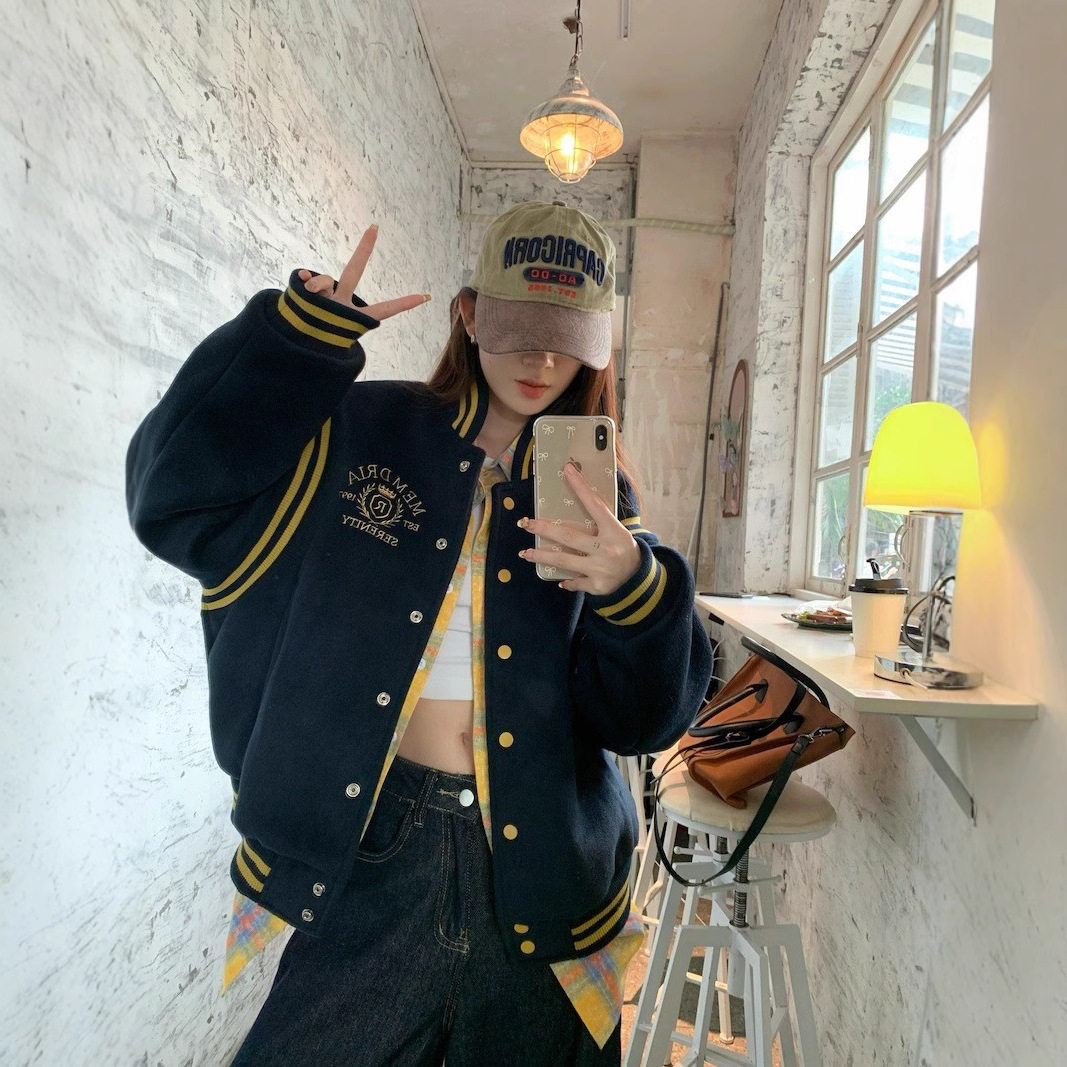 法国cherrykoko藏蓝色美式复古学院风棒球服外套女秋季宽松慵懒