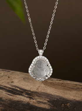 法国coss kokos925银镶嵌高冰玉髓吊坠弥勒佛项链女士锁骨链新