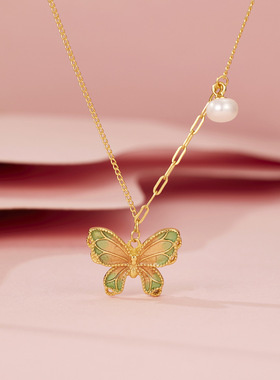 法国coss kokos925银珐琅彩渐变绿色蝴蝶珍珠项链女国潮高级感