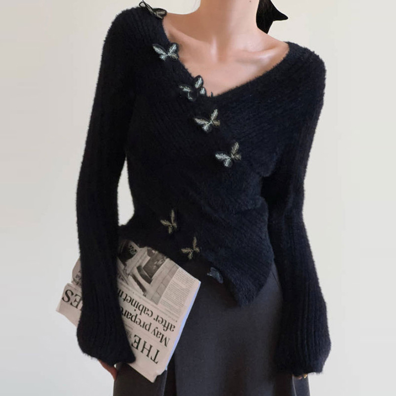 法国cherrykoko~《碟恋雪》百搭复古交叉仿水貂绒毛衣