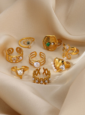 法国coss koko仿珍珠戒指ins风复古几何心形指环钛钢蝴蝶戒指