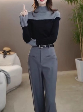 法国coss koko秋季新款拼接半高领修身打底衫高腰西裤女装
