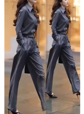 法国coss koko春季新款时尚长袖翻领衬衫高腰直筒西裤长裤女