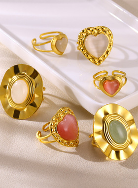 法国coss koko复古心形女士戒指个性百搭白贝母桃心钛钢指环