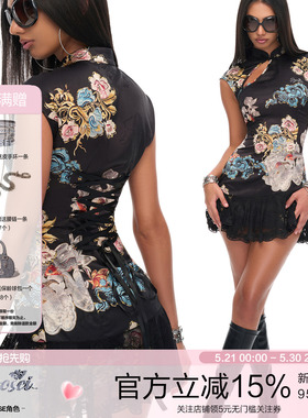 JYOSEI角色致敬经典重工新中式辣妹旗袍蕾丝裙摆镂空绑带连衣裙女