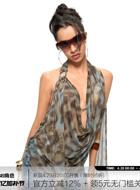 JYOSEI角色原创蓝棕豹纹荡领均码宽松大露背欧美辣妹风吊带上衣女