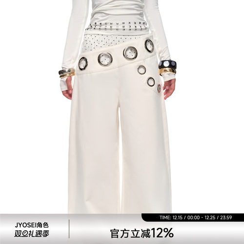 拼接波点假两件宽松气眼工装长裤