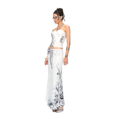 挂脖印花烫钻吊带半身裙套装