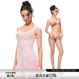 JYOSEI角色原创蝴蝶印花分体三角杯泳衣比基尼+网纱背心裙罩衫女