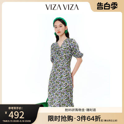 【商场同款】VIZA VIZA 2024年夏季新款气质通勤风短袖碎花连衣裙