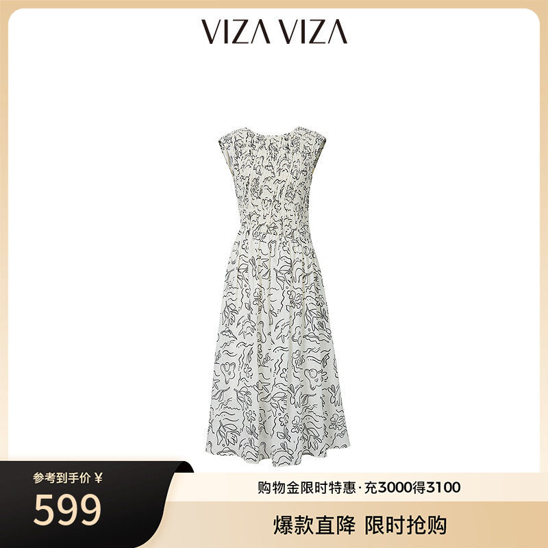 VIZA VIZA 2025夏季新款通勤气质圆领无袖高腰连衣裙图片