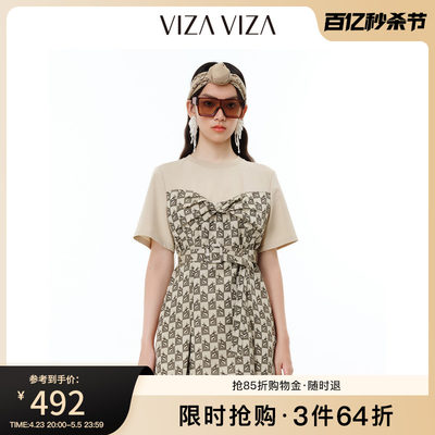 【商场同款】VIZA VIZA 2024夏季新款拼接通勤风显瘦高腰连衣裙女