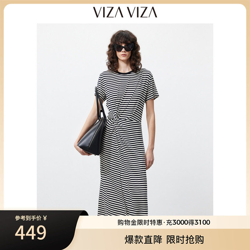 VIZA VIZA 2026年夏新款莱赛尔通勤气质休闲条纹圆领短袖连衣裙女图片